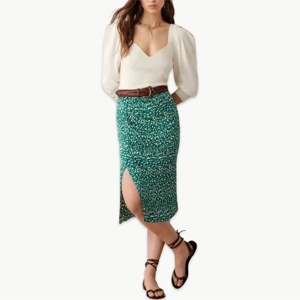 ba&sh Estel Midi Skirt Green Print Size 1 (US Small) Satin Draped Viscose NWT